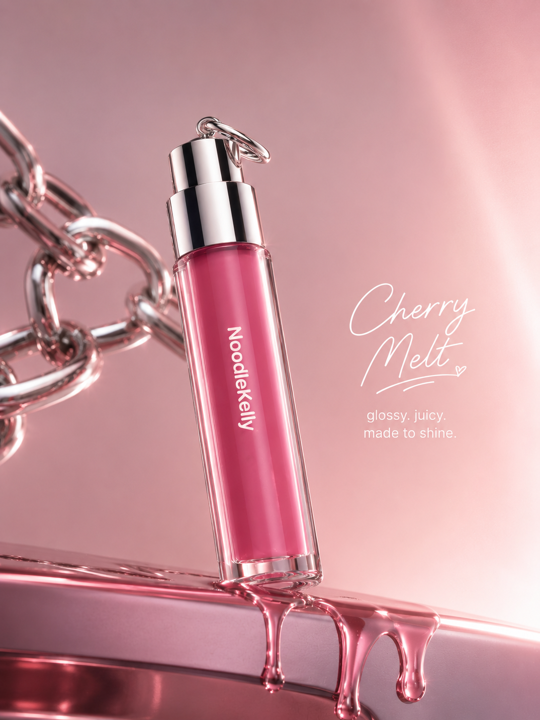 Pink lip gloss bottle with silver cap on a pink background, featuring the brand 'NoodleKelly'.