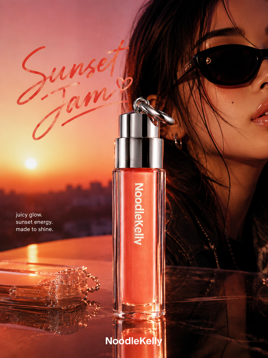 Lip gloss with sunset background and 'NoodleKelly' branding