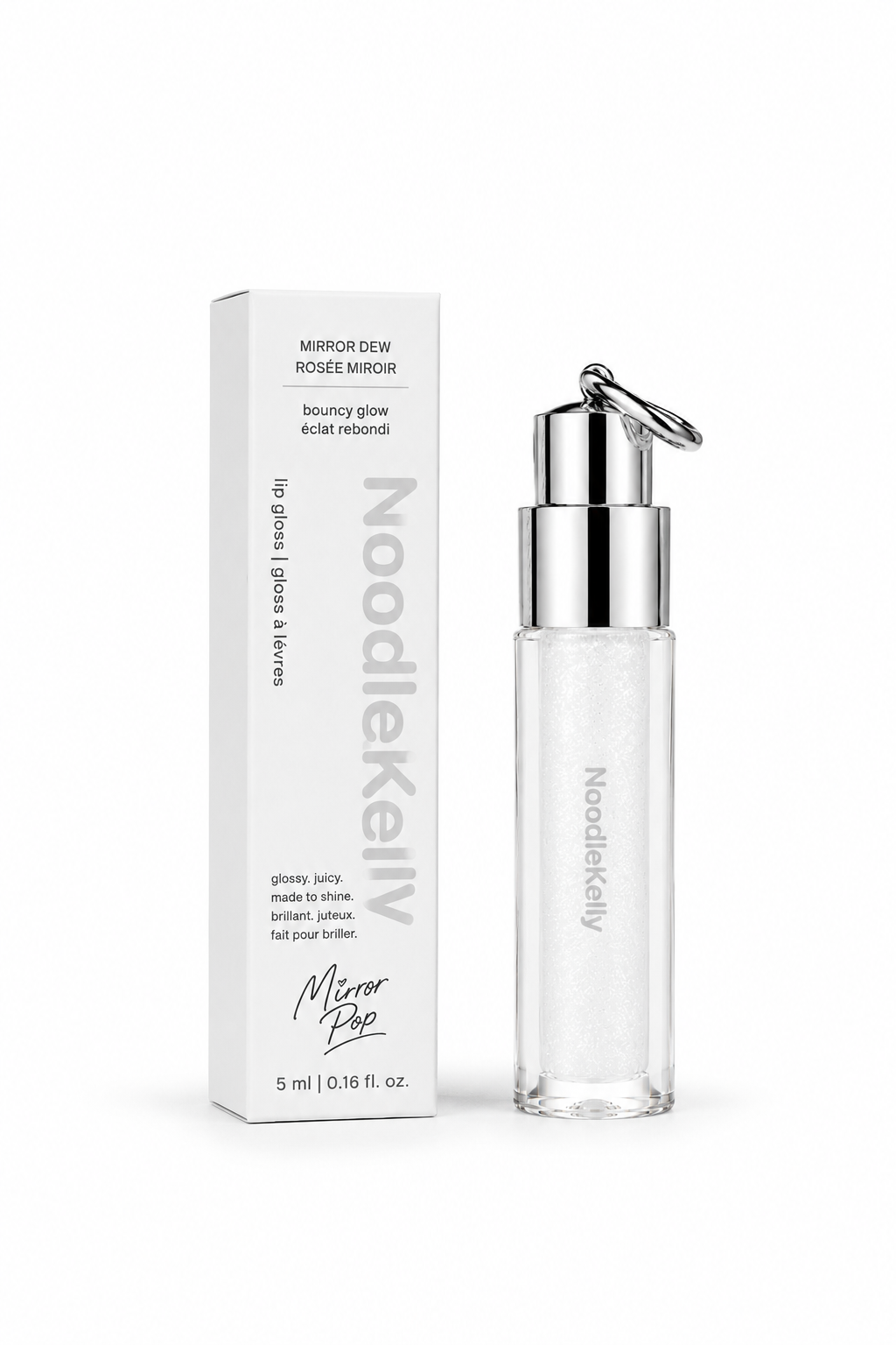 NoodleKelly lip bottle and packaging on a white 
