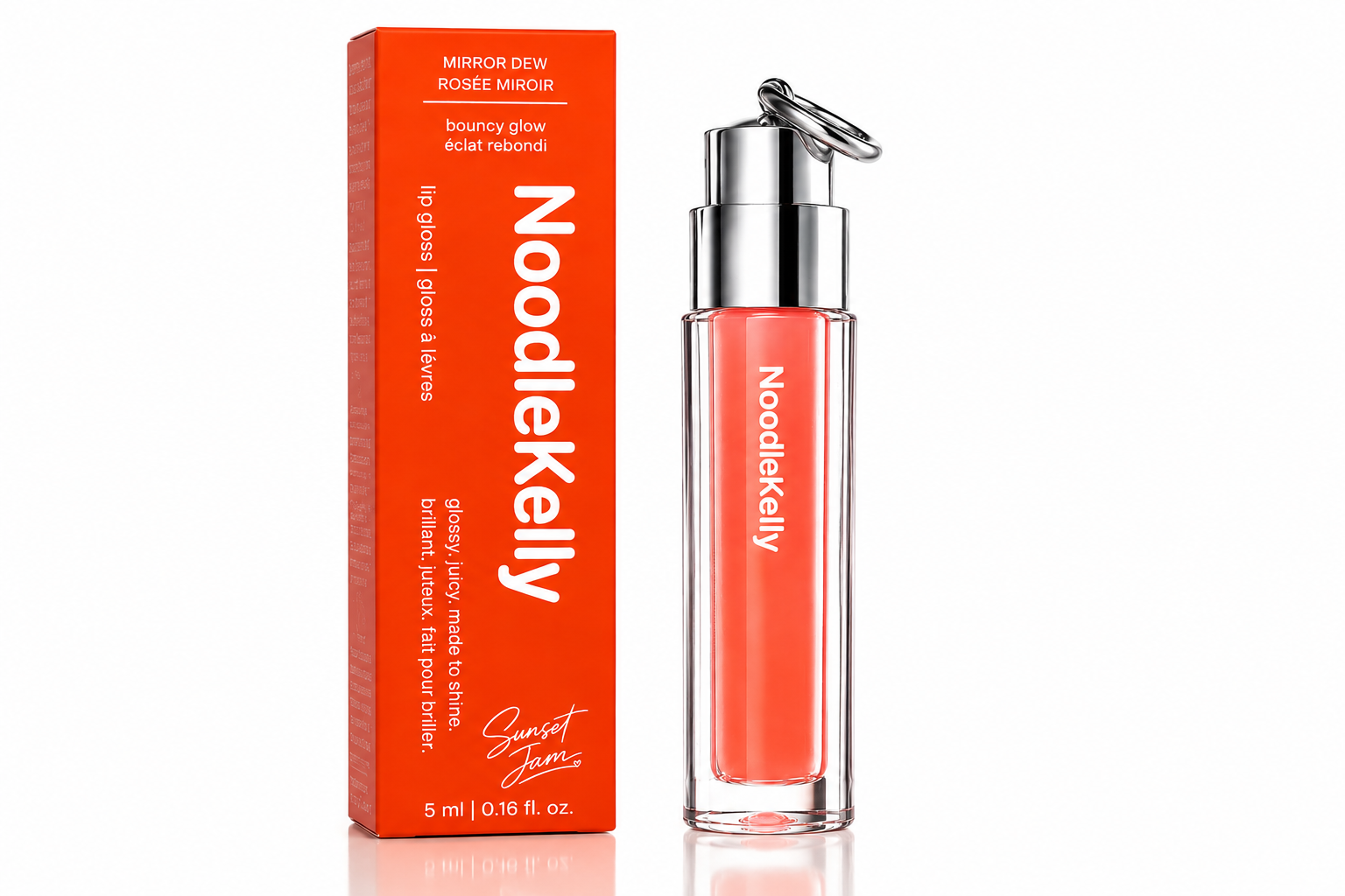 NoodleKelly lip gloss and packaging on a white background